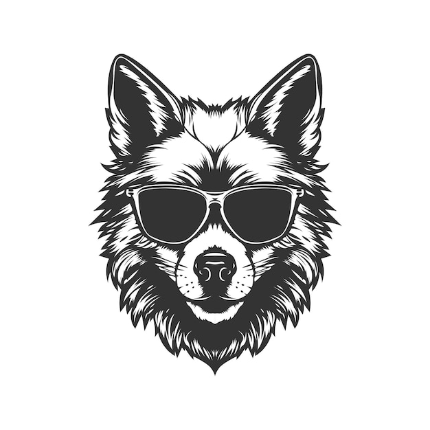 wolf wearing sunglasses vintage logo line art concept black and white color hand drawn illustration