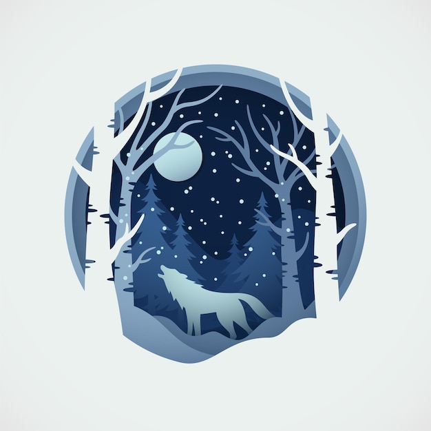 Wolf wildlife met papier gesneden stijl van de winter of