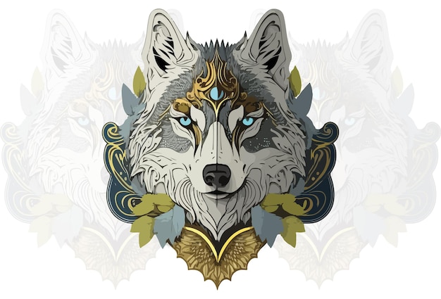 Vector a wolf with blue eyes and gold leaves on it