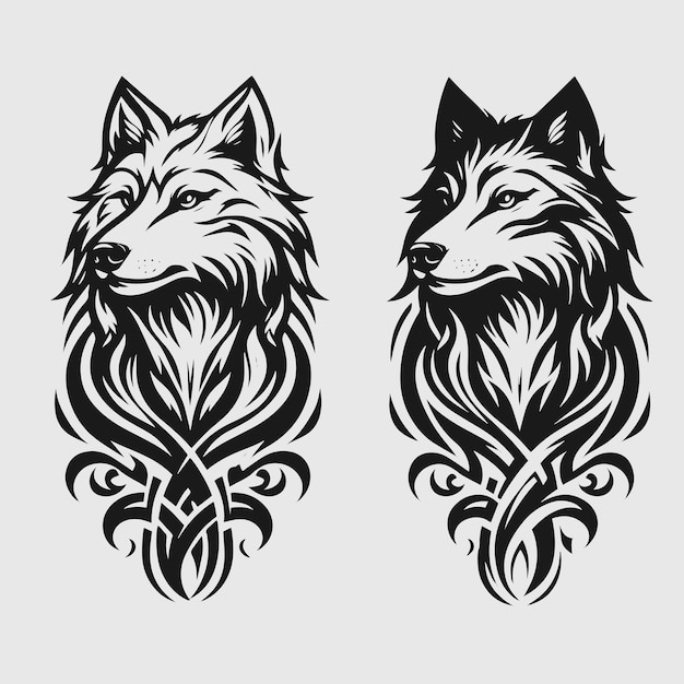 Vector wolf with botanical flowers black tattoo design vector