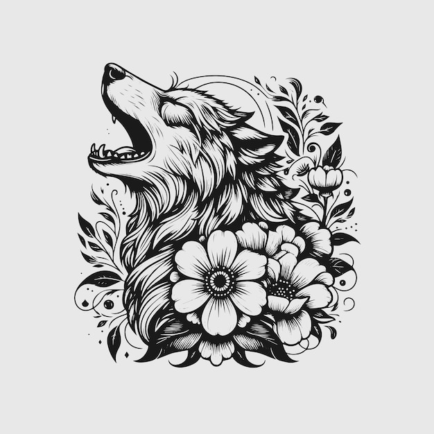 Wolf With Botanical Flowers Black Tattoo Design Vector