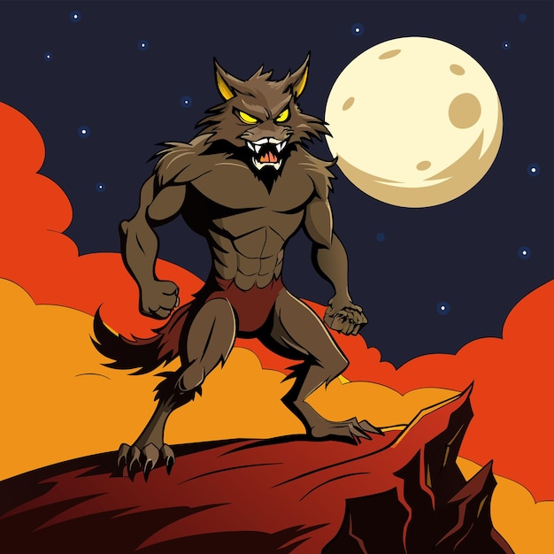 Vector a wolf with a full moon and a red background