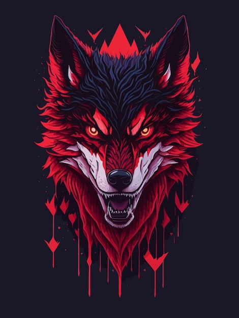 A wolf with a red and blue face.