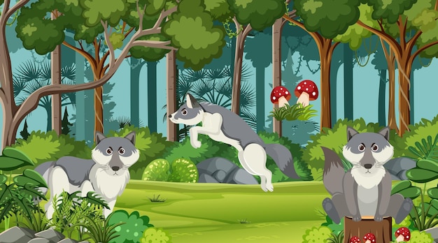 Wolfs group in the forest scene