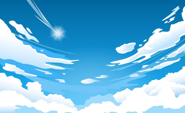 Vector wolk in blauwe hemel in zonnige zomerdag, bewolkte natuur ochtendscène met vallende ster