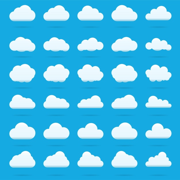 Wolk vector icon set witte kleur op blauwe achtergrond Sky vlakke afbeelding collectie voor web art en app design Verschillende natuur cloudscape weer symbolen