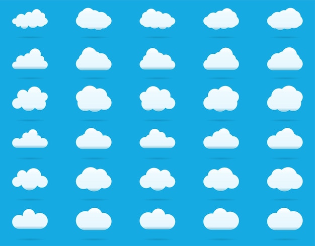 Wolk vector icon set witte kleur op blauwe achtergrond Sky vlakke afbeelding collectie voor web art en app design Verschillende natuur cloudscape weer symbolen