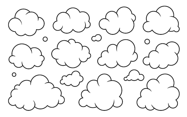 Wolk zwarte lijn set Klimaat weer bewolkt pictogram Leeg formulier web opslag meteorologie database Cartoon teken eenvoudige nieuws dialoog banner Vullen sticker afbeelding software dunne lijn geïsoleerd op wit
