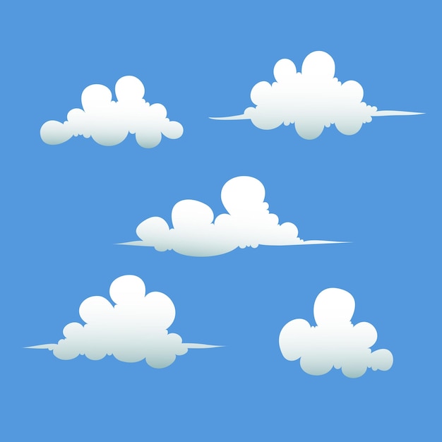 Wolken die op blauwe achtergrond worden geplaatst. Witte wolken van verschillende vormenillustratie.