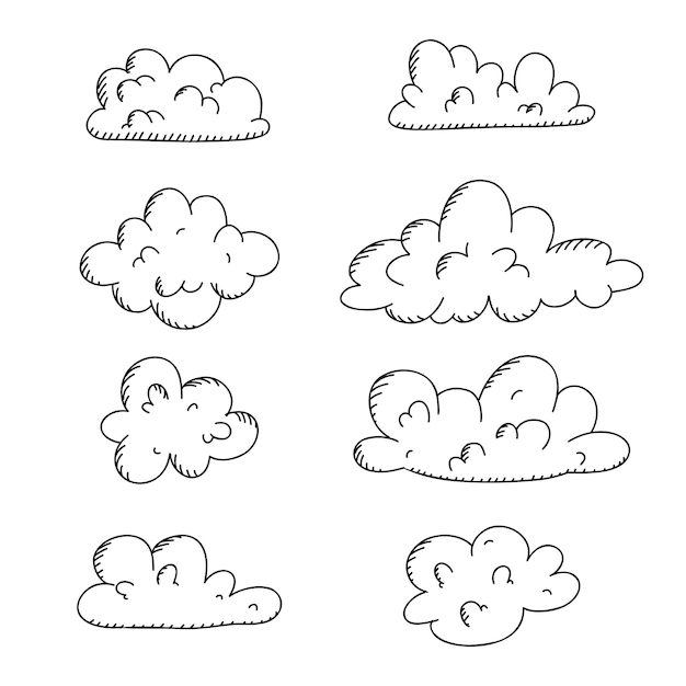 Wolken doodle collectie Overzicht Krabbel hemel Vector retro mist