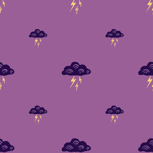 Wolken met bliksem van naadloos patroon. leuke hand getrokken achtergrond. herhaalde textuur in doodle stijl voor stoffen inpakpapier, behang, weefsel. vector illustratie.