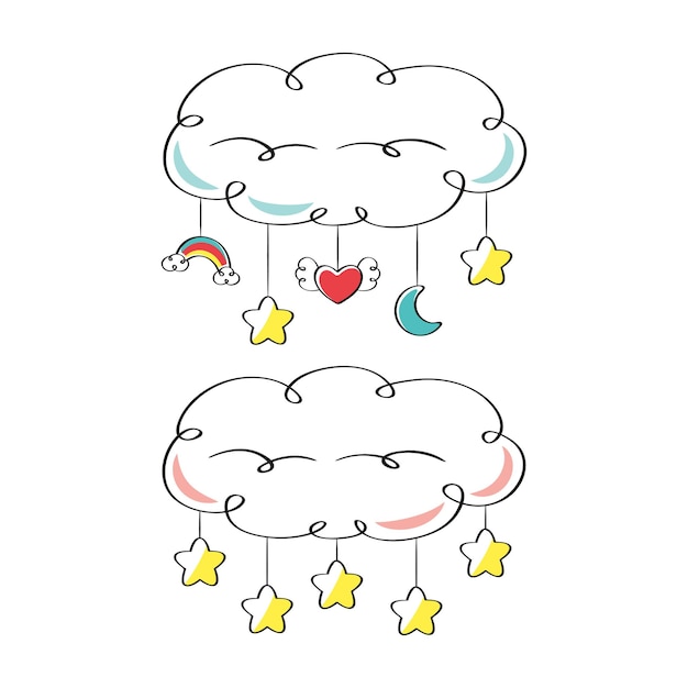 Wolken met hangers speelgoed voor baby cartoon vectorillustratie