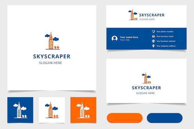 Wolkenkrabber-logo-ontwerp met bewerkbaar slogan-brandingboek