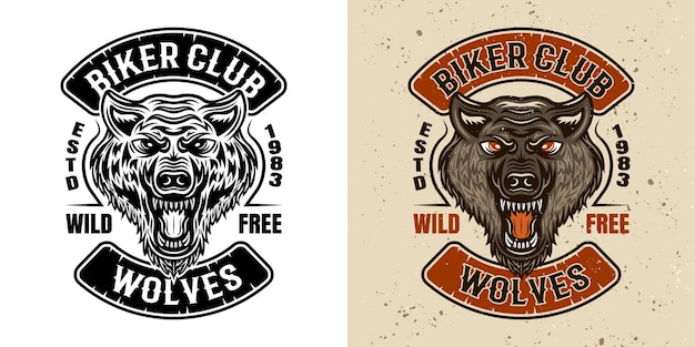 Distintivo o toppa dell'emblema di vettore del club dei motociclisti dei lupi in due stili in bianco e nero e colorato