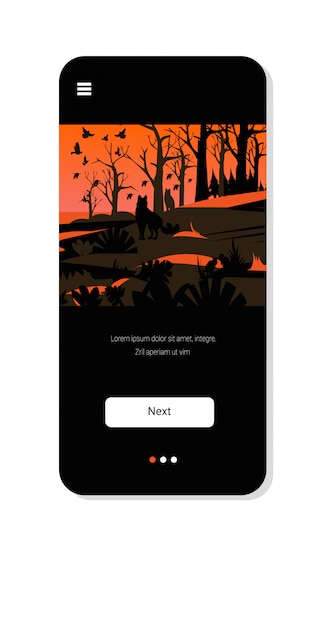 Wolves escaping from forest fires in australia wildfire birds flying over bushfire burning trees natural disaster concept intense orange flames smartphone screen mobile app