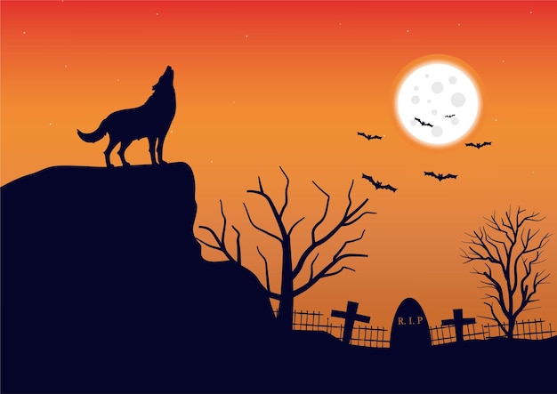 Vector wolves howling in the graveyard at night  vector illustration.