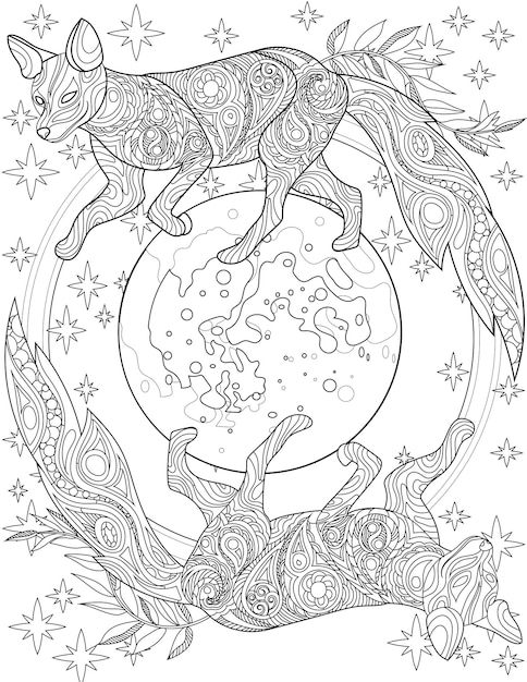 Wolves standing on tiny earth sphere starry background coloring book page two large fox walking