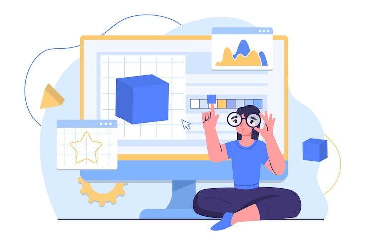 Vector woman 3d editor concept young girl in glasses with geometric objects designer and freelancer remote worker character with cube model editing online page cartoon flat vector illustration