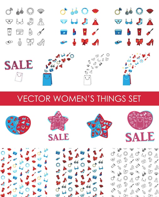 Woman accessories icons set of cosmetics clothes