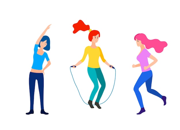 Vector woman activities. set of women doing sports, running, jogging, jumping rope, fitness. sport women vector flat illustration isolated on white background in different poses. bright color