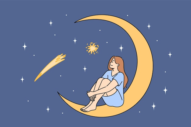 Vector woman admires starry sky sitting on crescent and making secret wish during starfall