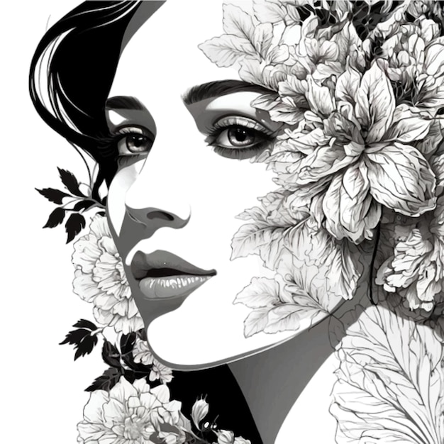 Vettore donna adornata con fiori naturali estetica pennello vettoriale opera d'arte isolata su sfondo bianco