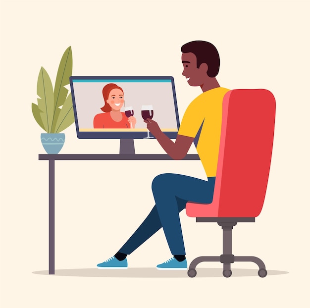 Vector woman and afro american man talking by videochat.  flat style illustration