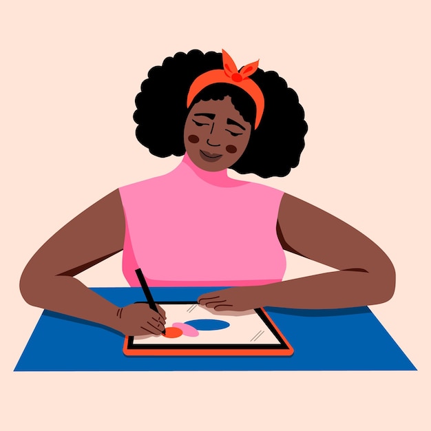 Vector woman afro drawing on a digital tablet with a stylus sitting at desk