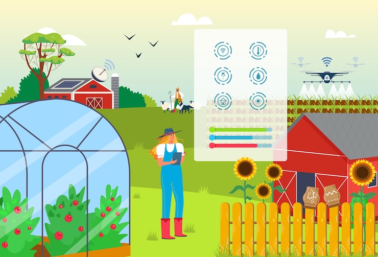 Vector woman at agriculture farm use smart farming digital technology app concept