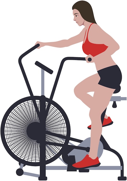 Vector woman on air bike training crossfit workout. healthy life motivation. assault bike riding sports