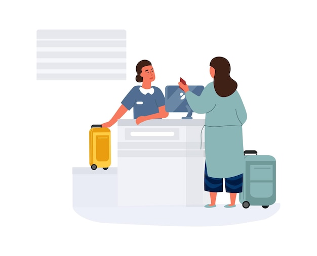 Woman in airport Female checkin before departure Passenger hands over luggage and boarding airplane Character talking to airline employee People with luggage Vector traveling