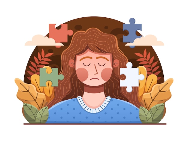 Woman amidst puzzle pieces symbolizes anxiety's complexity encouraging mental health awareness