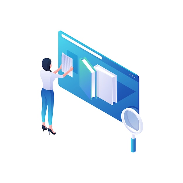 Woman analyzing online library isometric illustration. Female character reading short description of web books on site. Research and collection scientific linguistic information  concept.