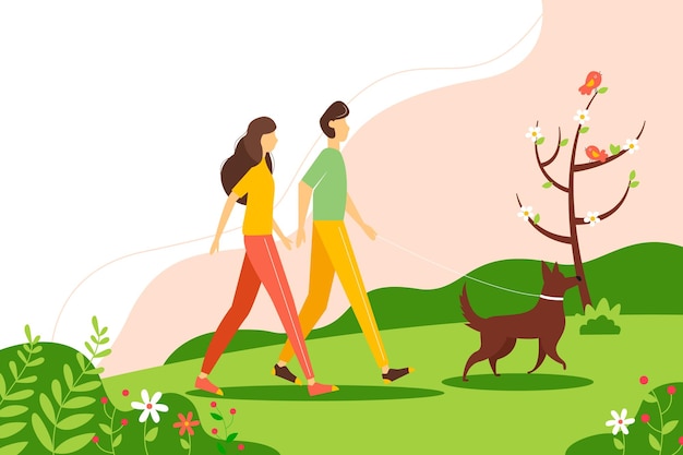 ベクトル 春の公園で犬と一緒に歩く女性と男性フラットスタイルのベクトル図