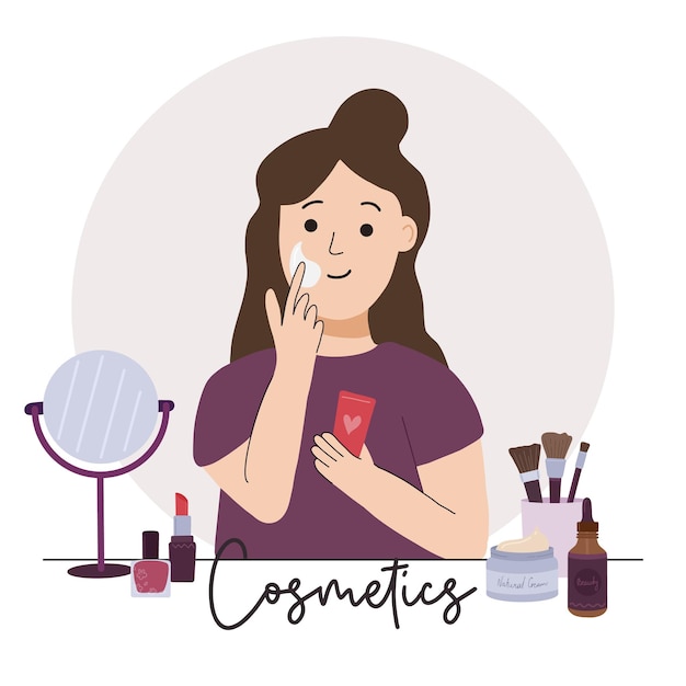 Woman applies a cream to her face Cosmetics skincare makeup concept