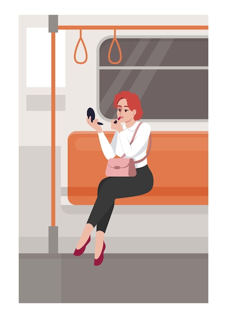 Vector woman apply lipstick in train semi flat vector illustration. female with cosmetic in public transport. businesswoman sit in commuter. metro passenger 2d cartoon characters for commercial use