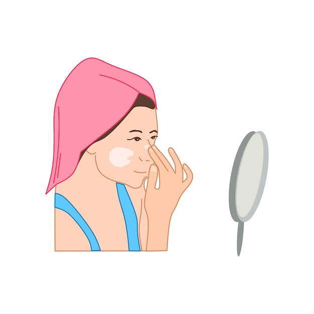 woman applying facial cream while looking in the mirror for a skincare routine