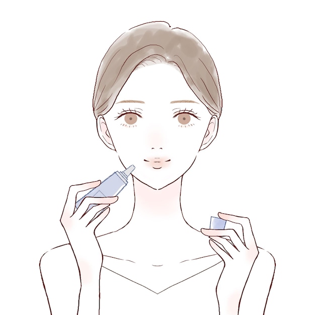 Woman applying lip balm. on a white background.