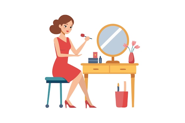 Woman Applying Makeup at Dressing Table in Red Dress
