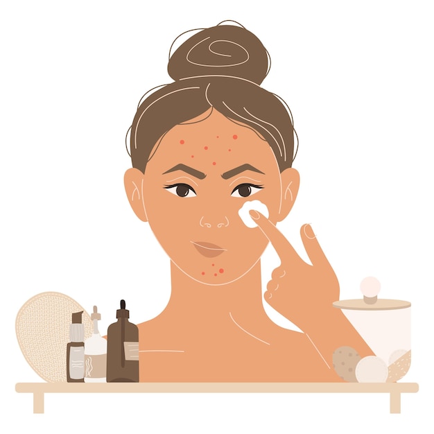 A woman applying pimples on her face.