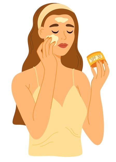 Vector woman applying sunscreen product spf protection and sun safety concept skin care banner vector