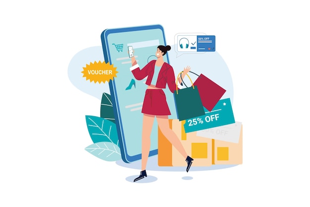 Vector woman applying voucher for a discount on online shopping