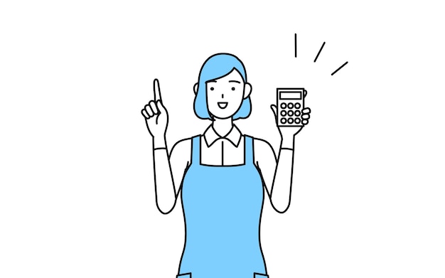 A woman in an apron holding a calculator and pointing