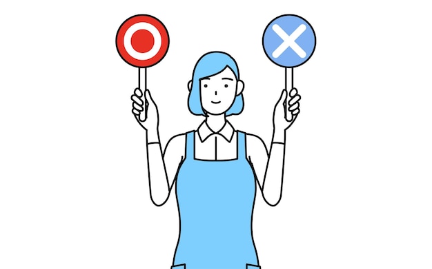 A woman in an apron holding a stick indicating correct and incorrect answers