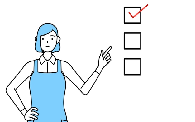 A woman in an apron pointing to a checklist