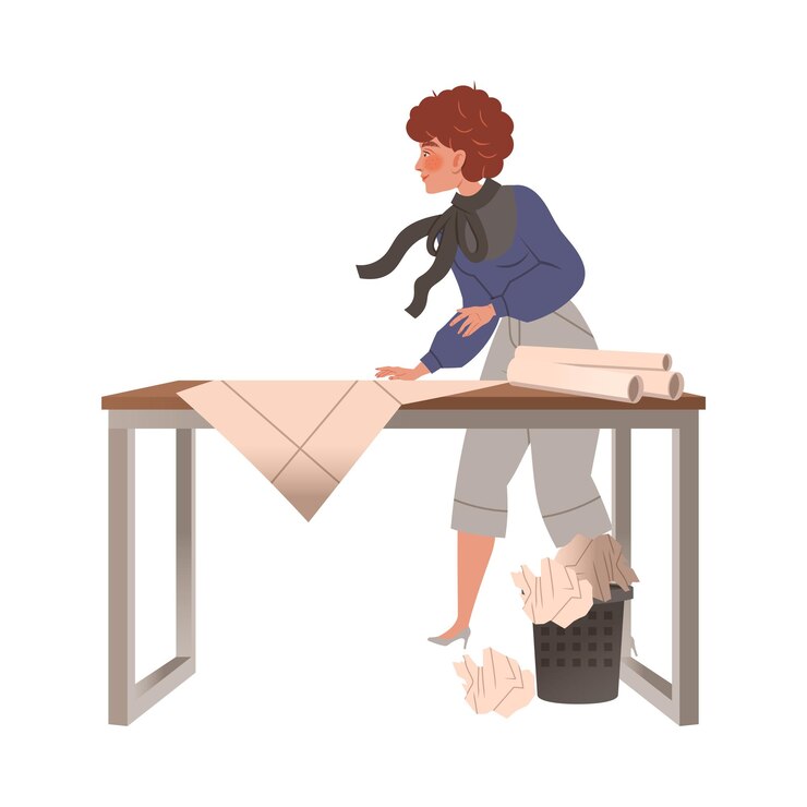 Vector woman architect or designer standing at desk working on blueprints vector illustration
