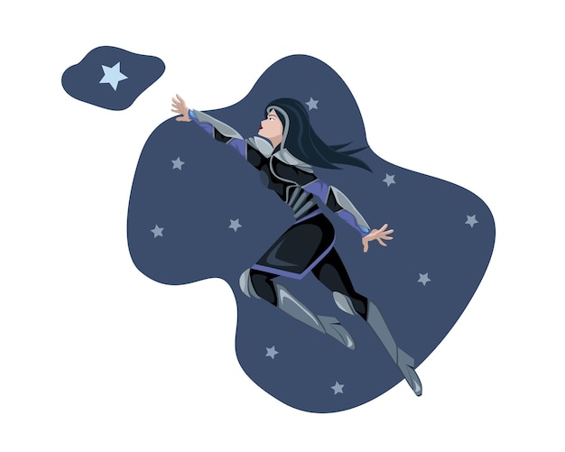 woman in armor in a dynamic pose who leaps towards the star in a jump