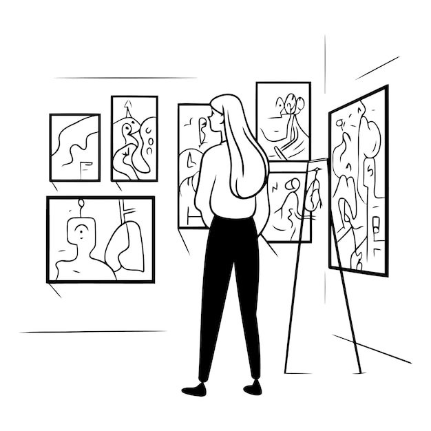 Vettore donna in una galleria d'arte in stile cartone animato. donna che guarda i dipinti.