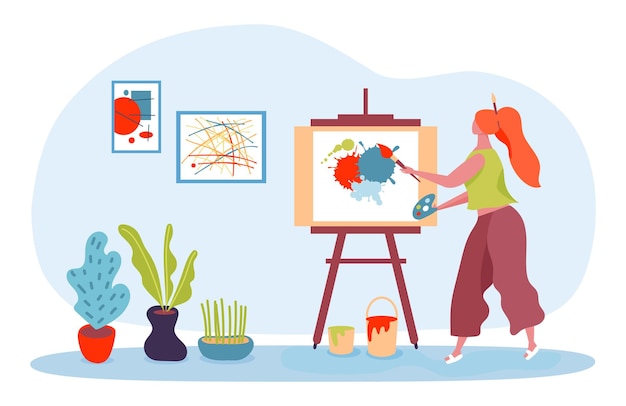 Женщина-художник рисует картину на холсте Женский персонаж держит цветовую палитру и кисть Девушка с творческим хобби рисует на мольберте в студии Досуг создает вектор шедевра