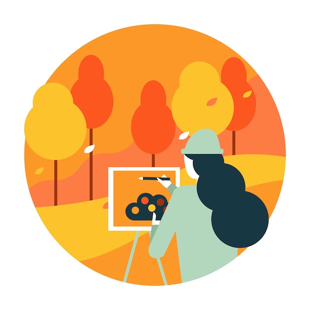 Vector woman artist painting an autumn landscape.